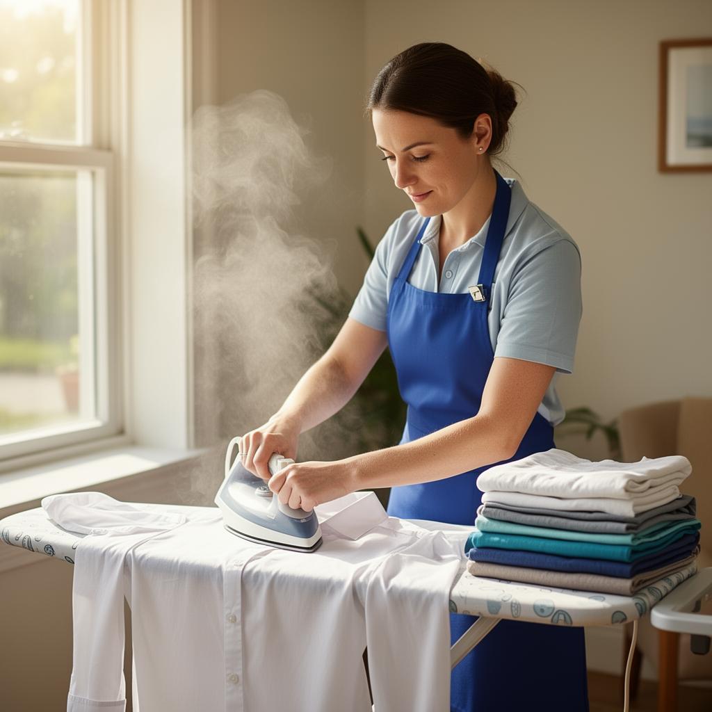 Linge fraîchement repassé et plié sur une table en bois par EcoClean