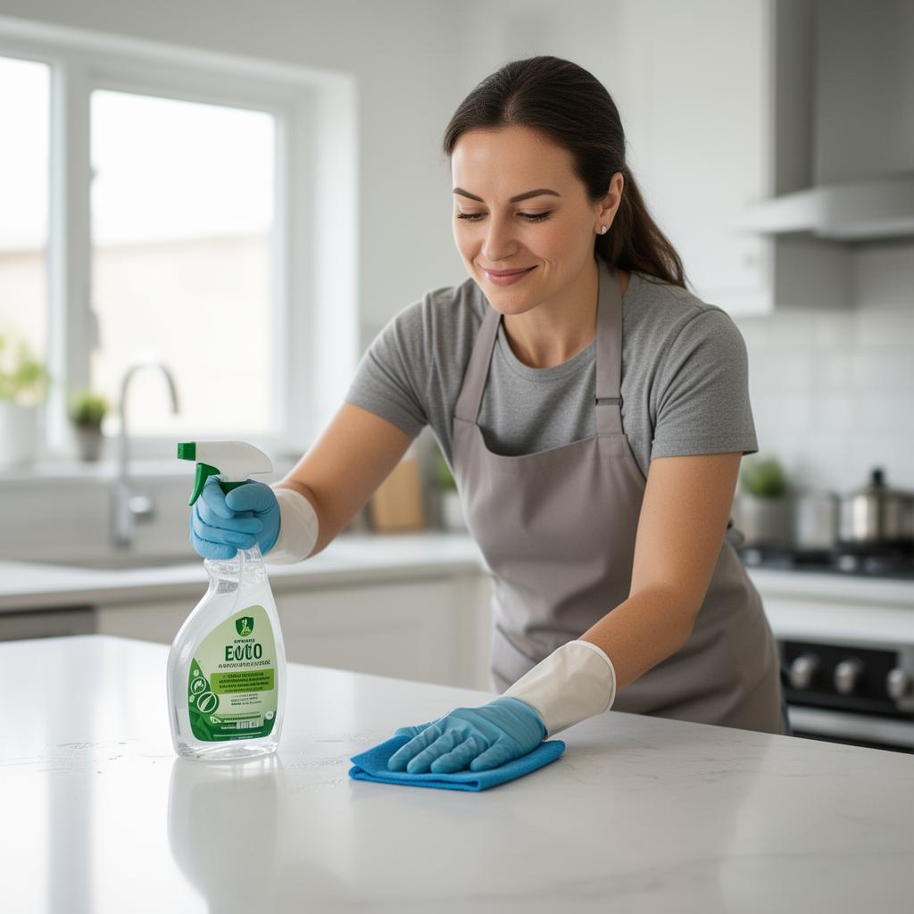 Aide ménagère EcoClean nettoyant un plan de travail de cuisine avec un produit éco-responsable